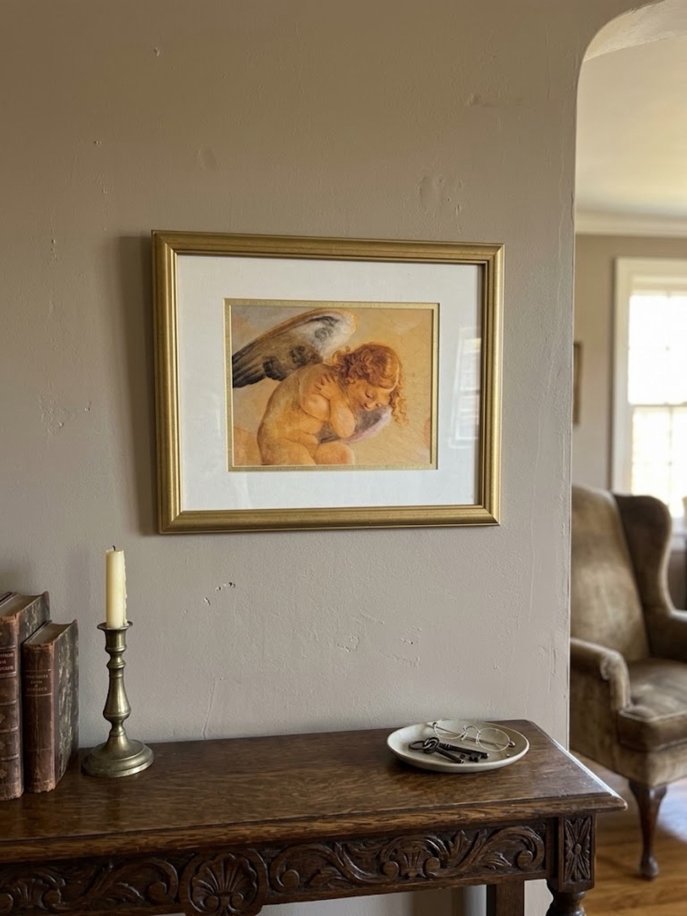 Vintage Sleeping Cherub Angel Art Print Gold Frame Victorian Renaissance Decor
